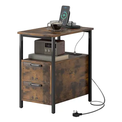 HOMCOM Bedside Table with Charging Station for Living Room, Rustic Brown