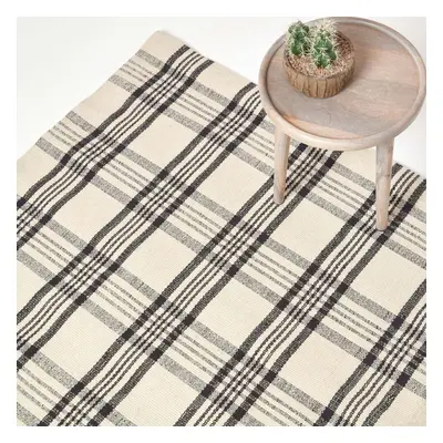 (150 x cm, White & black) Tartan Check Non-Slip 100% Wool Rug