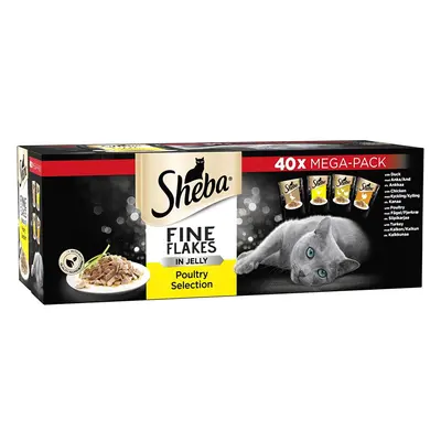 Sheba Fine Flakes Poultry Collection in Jelly Pouches, Adult Wet Cat Food, Megapack (40 x g)