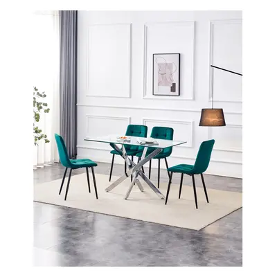 Dining Table and Chairs Rectangle Glass Table Green Velvet Chairs Dining Set