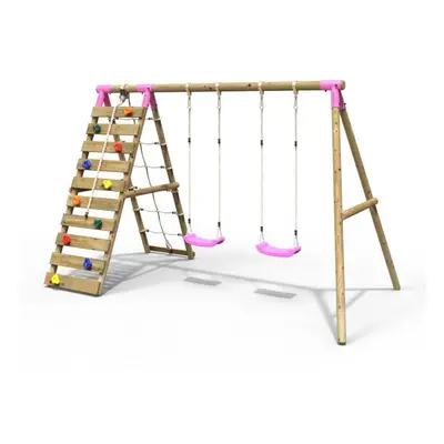 (Ela, Pink) Rebo Wooden Swing Set with Up and Over Climbing Wall