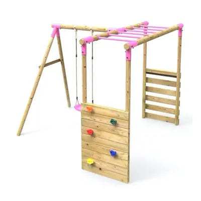 (Single Swing Solar, Pink) Rebo Wooden Garden Children's Swing Set with Extra-Long Monkey Bars