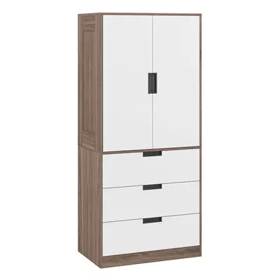 HOMCOM Door Wardrobe Brown Wardrobe with Drawer and Hanging Rod Brown