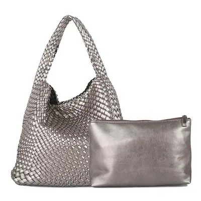 (Silver) MOOWOO Fashion Ladies Bag Woven Bag PU Leather Cute Handbag Vegetable Basket Carry Tote