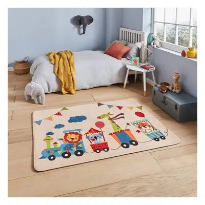 (100x150cm) Inspire G3434 Rugs in Blue and Beige Kids Train with Animals Bright Fun Children Mat