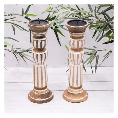 2 Carved Wood Candlestick White Washed Rustic Pillar Candle Holders