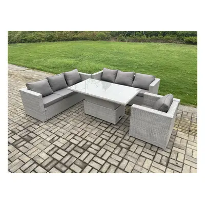 Fimous Outdoor PE Rattan Garden Funiture Set Height Adjustable Rising Lifting Table Sofa Dining 