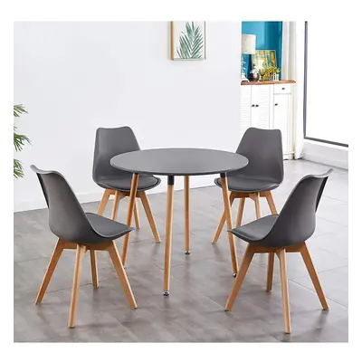 STYLISH CONTEMPORARY WOOD ROUND GREY DINING TABLE AND GREY PADDED TULIP CHAIRS