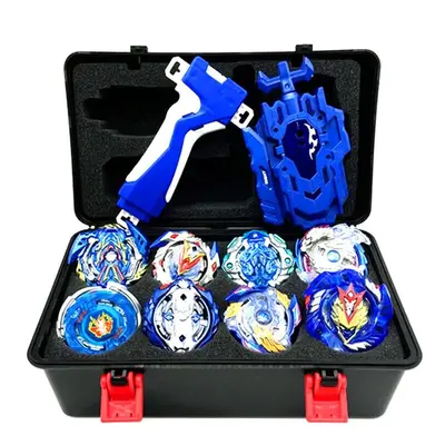 (Blue) 8pcs Gyro Burst Beyblade Set With Launcher Portable Storage Box Kids Gift Toy