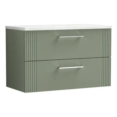 Retro Drawer Wall Hung Vanity Unit with Sparkling White Laminate Worktop - 800mm - Satin Green -