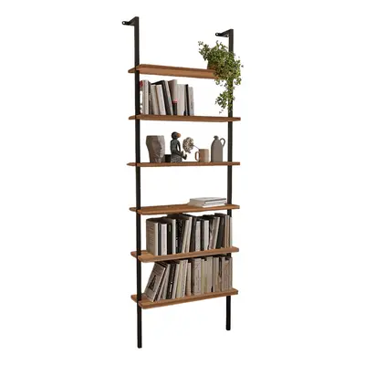 (Walnut) 6-Shelf Wall Mounted Wooden Bookshelf