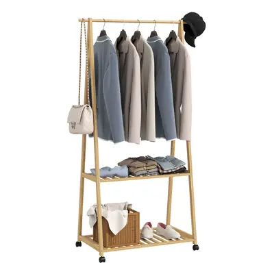 HOMCOM Bamboo Clothes Rail Rack with Storage Shelves, Natural Wood Effect