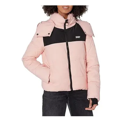 DKNY Women's Colorblock Logo Puffer W/Removeable Jacket White Large