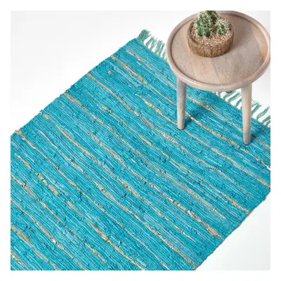 (120 x cm, Gold & Turquoise) Leather Glitter Rug