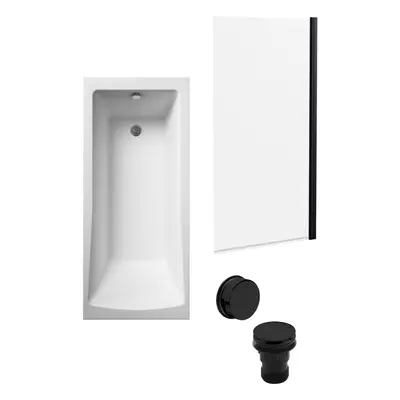 Square Single Ended Bath, Square Black Bath Screen and Waste - x 700mm