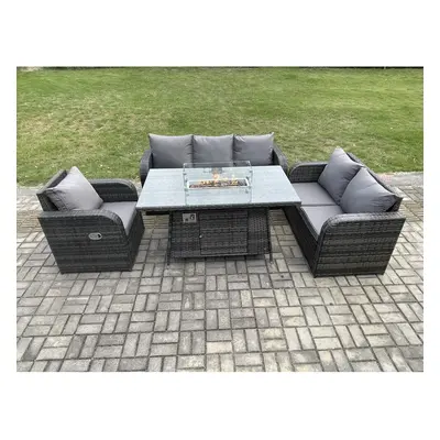 Fimous Rattan Garden Furniture Set with Fire Pit Table Seater Outdoor Lounge Sofa Set Dark Grey 