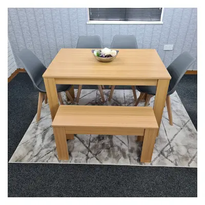 Dining Table,4 Grey Chairs and Bench Oak Effect Set of