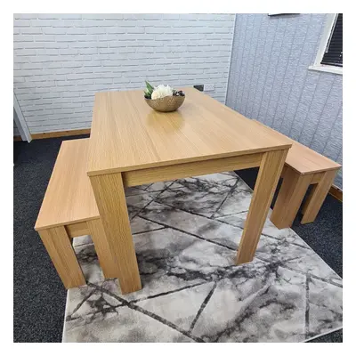 MODERN WOODEN OAK EFFECT DINING TABLE AND BENCHES