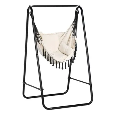 Outsunny Patio Hammock Chair w/ Stand, Hanging Chair w/ Cushion, Armrest, White