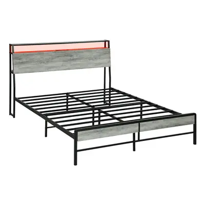 HOMCOM LED King Bed Frame with Charging Station, x 200cm, Cement Grey