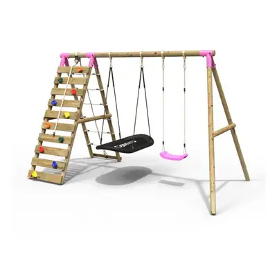 (Sage, Pink) Rebo Wooden Swing Set with Up and Over Climbing Wall