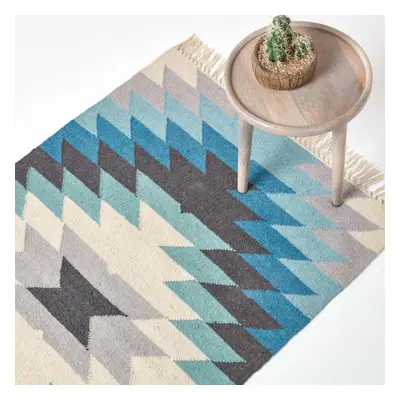 (120 x cm) Helsinki Handwoven Geometric Pattern Blue Grey and Cream Kilim Wool Rug