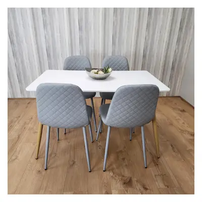 Wooden Dining Table with Grey Gem Patterned Chairs White Table