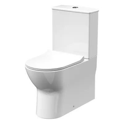 Rimless Flush to Wall Close Coupled Toilet Pan, Cistern & Soft Close Sandwich Seat - 806mm x 375