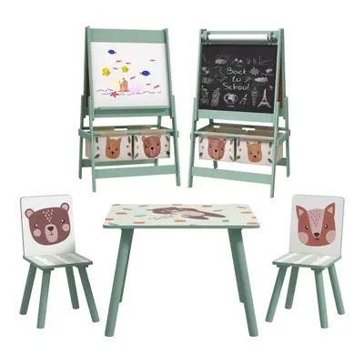 ZONEKIZ Kids Table and Chairs and Kids Easel Set with Storage, Green