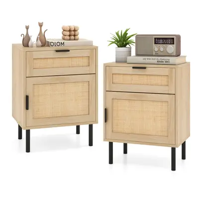 Rattan Nightstand Set of Mid Century Modern End Table with Drawer