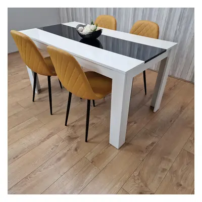 White Black Wooden Dining Table with Mustard Stitched Leather Chairs