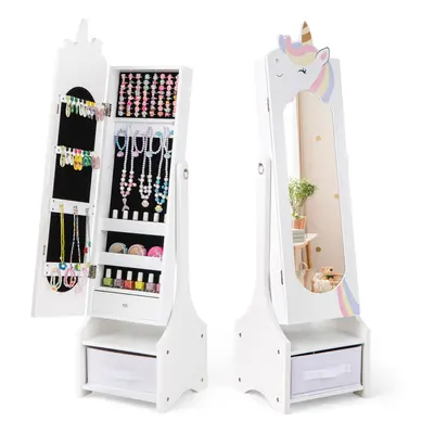 Kids Jewelry Armoire Cabinet Wooden Jewelry Organizer Floor Mirror-White