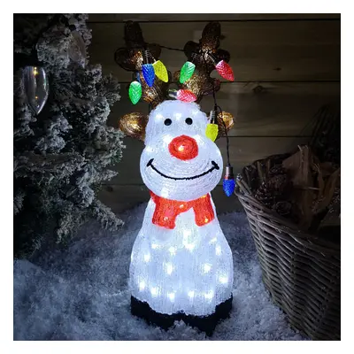 50cm Outdoor Acrylic Sitting Ice White Christmas Reindeer with Multi Coloured LED Lights on Antl