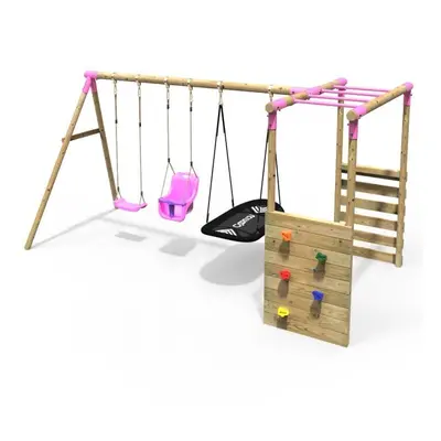 (Monkey Bars - Halley, Pink) Rebo Wooden Children's Garden Swing Set with Monkey Bars