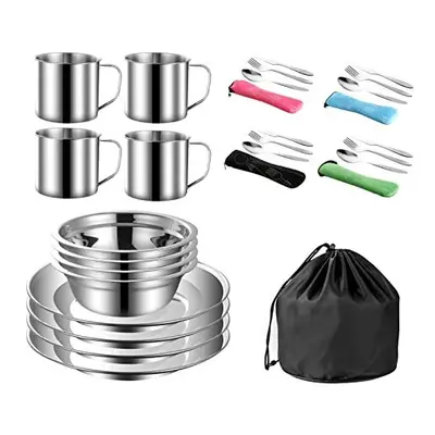 MOUFIER Outdoor Camping Cutlery Set Stainless Steel Tableware Mess Kit Includes Plate Bowl Cup S