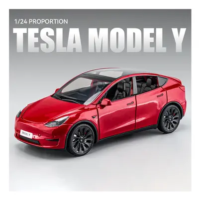 (Model Y Red) 1:24 Tesla Model Y With Charging Pile Alloy Car Model Diecast Metal Toy Simulation