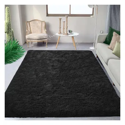 (160cm x 230cm (5ft 3" x 7ft 6"), Black Shaggy Rugs) Fluffy Rug Non-Slip Shaggy Rugs Living Room