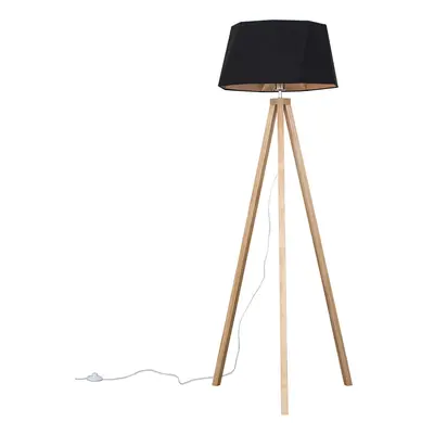 Modern Light Wood Tripod Design Floor Lamp with a Matt Black/Copper Geometric Shade - Complete w