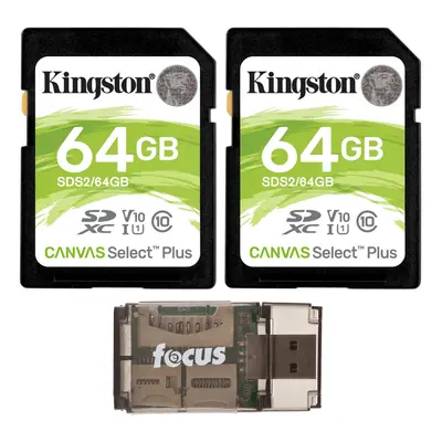 Kingston 64GB SDHC Canvas Select Plus Memory Card 2Pack Bundle with High Speed Card Reader Items