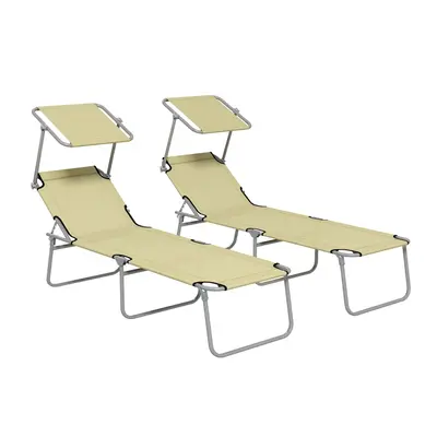 Outsunny Folding Sun Lounger Set of w/ Sunshade Adjustable Backrest Beige