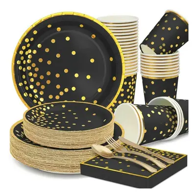 (Black, 350PCS) Paper Plates Tableware Set,Paper Party Supplies Include Disposable Plates,Desser