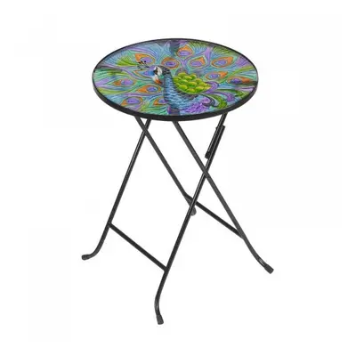 Outside Peacock Design Glass Folding Drinks Table Bird Stained Side