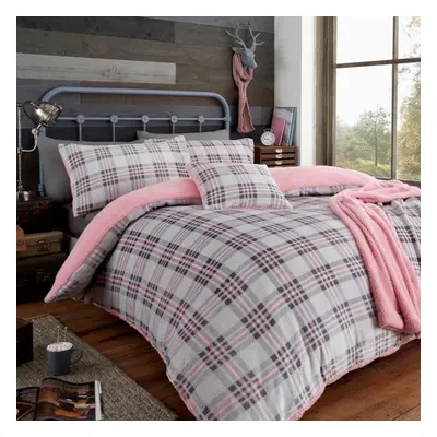 (Single, Grey/Pink) Premium Teddy Bear Fleece Highland Check Duvet Bedding Set