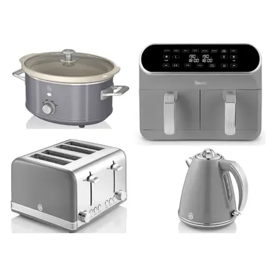 Swan Retro Grey Kettle Toaster Dual Basket Air Fryer Slow Cooker Set