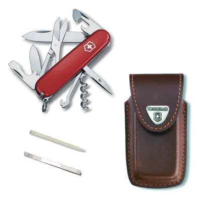 (red, brown leather) Victorinox CLIMBER Swiss army knife with Pouch spare tweezers & toothpick