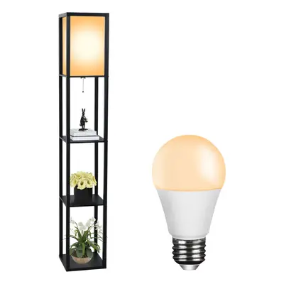 (Black) Floor Lamp LED Bulb 3-Tier Wooden Display Shelf