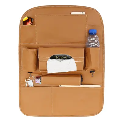 (Khaki) PU Leather Car Seat Back Storage Multi-functional Multi Pocket Phone Cup Holder Organize