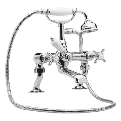 Traditional Deck Mounted Luxury Cranked Bath Shower Mixer Tap with Shower Kit - Chrome/White