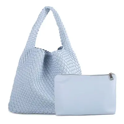 (Light Blue) MOOWOO Fashion Ladies Bag Woven Bag PU Leather Cute Handbag Vegetable Basket Carry 