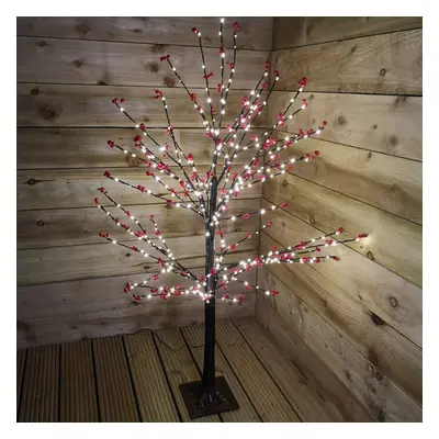 120cm 4ft Christmas Lit Black Twig Tree Red Berry Warm White LED